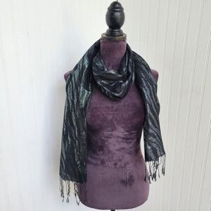 Women's Black & Silver Metallic Animal Print Scarf Shawl Fringe 78"x12" OS